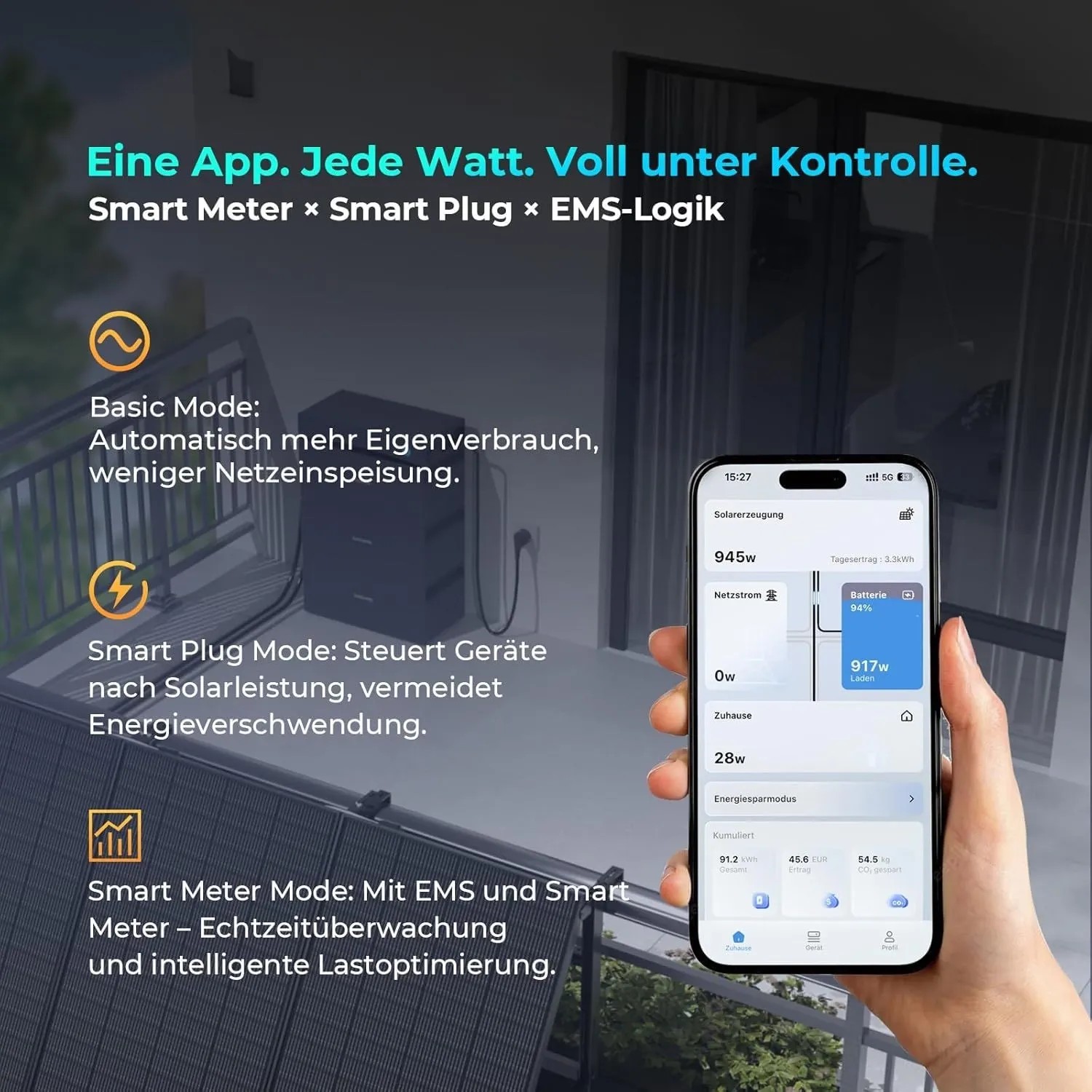 SUNSHARE Balkonkraftwerk mit Speicher und App-Steuerung auf einem Balkon.