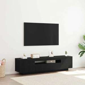 Schwarzer vidaXL TV-Schrank (160cm) aus Holzwerkstoff mit LED-Streifen im Wohnzimmer.