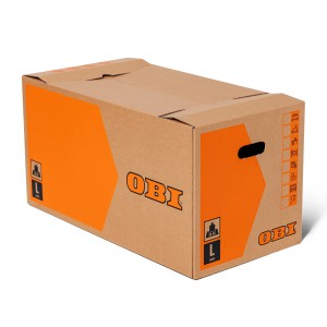 OBI Umzugskarton L, 80 l, bis 30 kg belastbar, mit Tragegriffen und Beschriftungsfeldern.