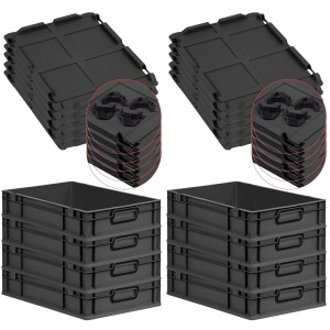 PROREGAL SuperSparSet: 8 schwarze Euroboxen (23L) mit Deckel, stapelbare Aufbewahrungsboxen.