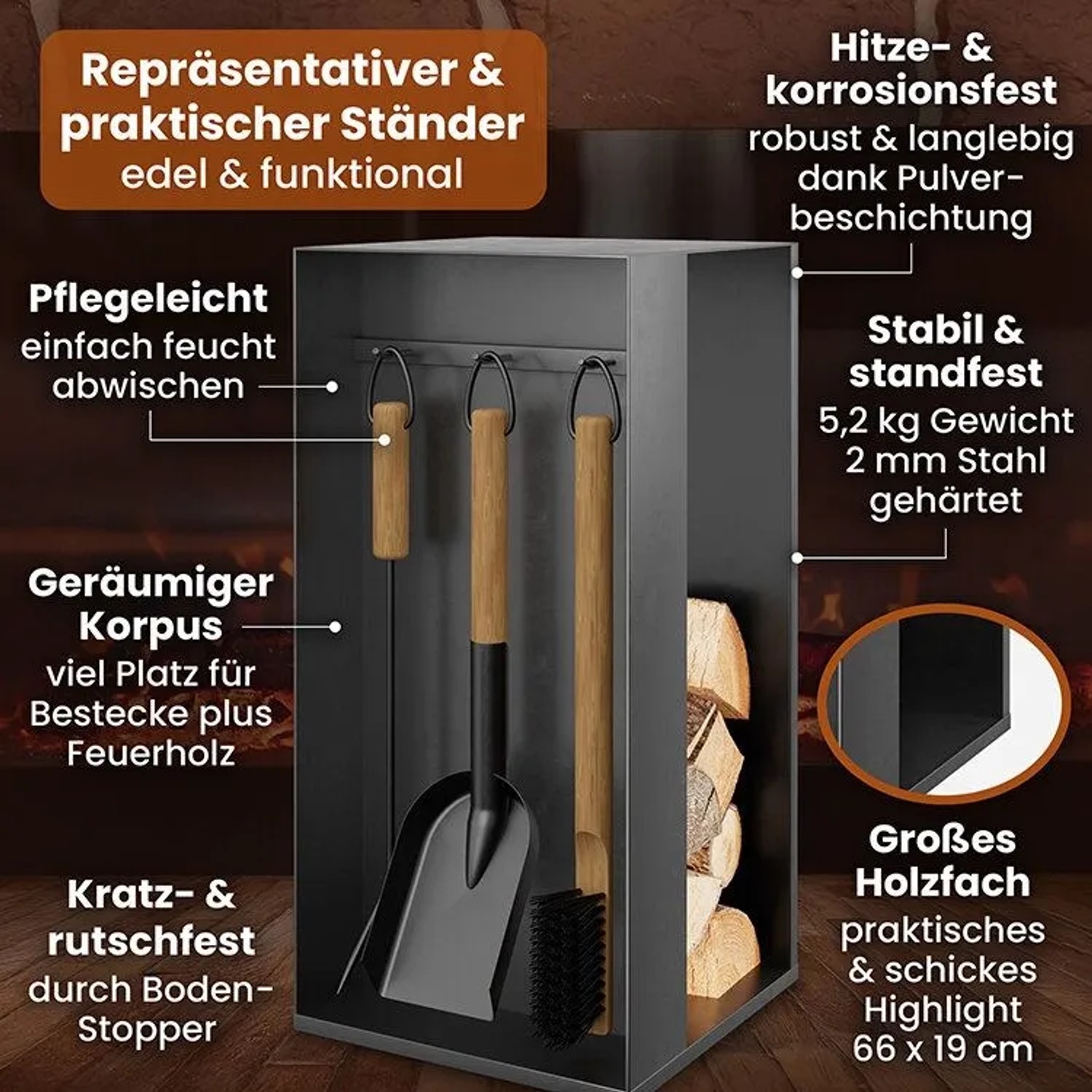 BLACK OAK Kaminbesteck ASPEN 4-Teilig – Kompaktes Kaminwerkzeug-Set aus Stahl Pulverbeschichtet mit Ständer für Kaminofen kaufen bei OBI