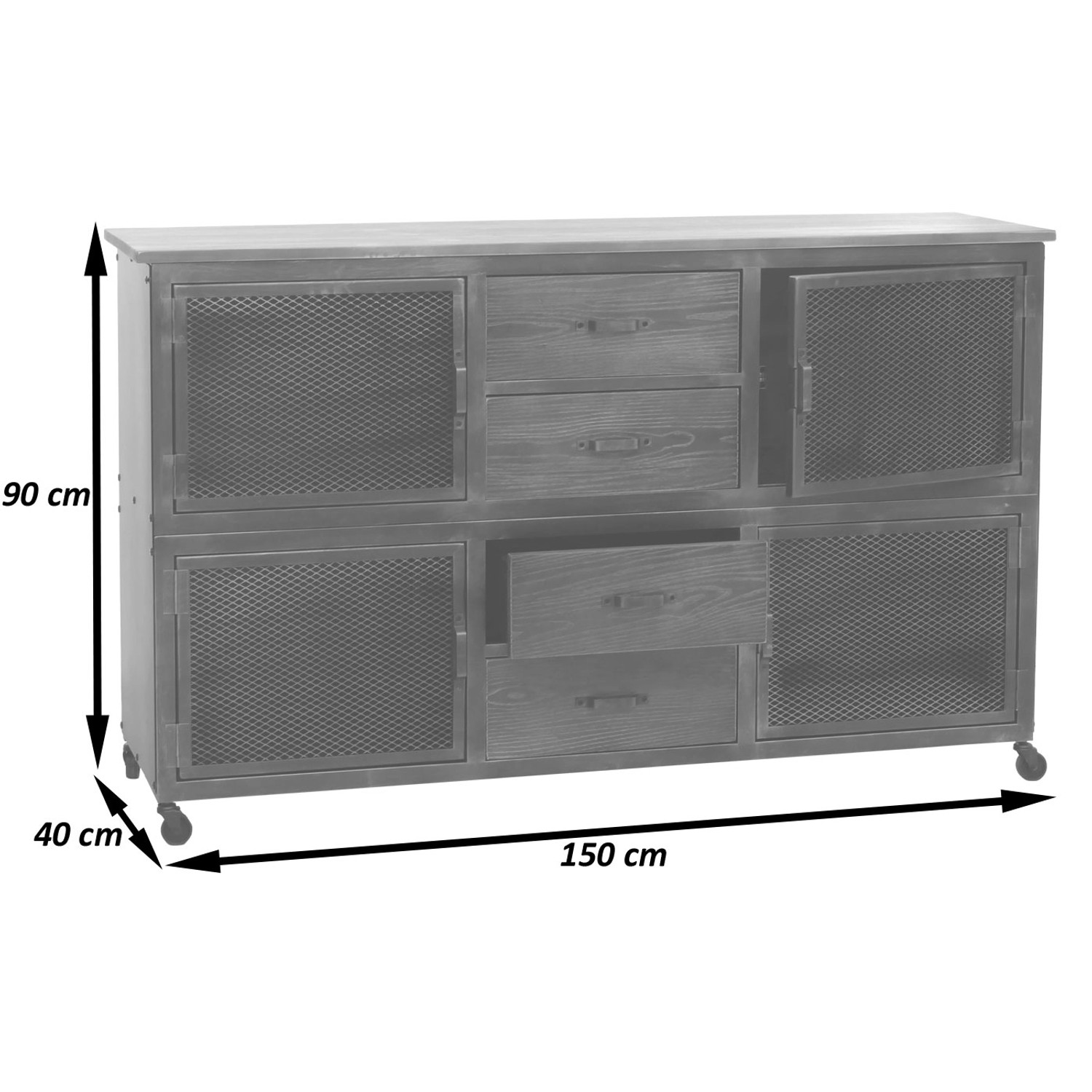 Schwarzer Werkstattwagen N28 mit 4 Schubladen und Holzplatte, 90x150x40cm.