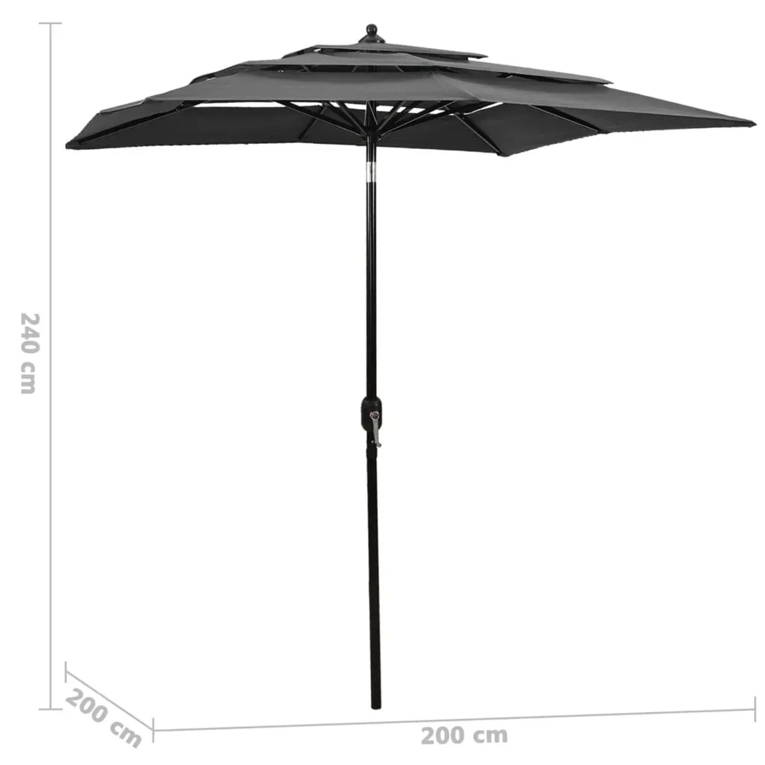 Anthrazitfarbener, quadratischer furnicato Sonnenschirm 2x2 m mit Aluminiummast. Ideal für Balkon und Garten.