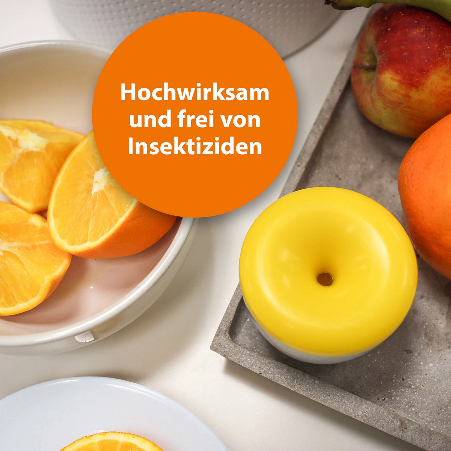 Ardap Fruchtfliegenfalle, gelb, mit Obst. Insektizidfreie Fliegenfalle für Küche und Wohnraum.