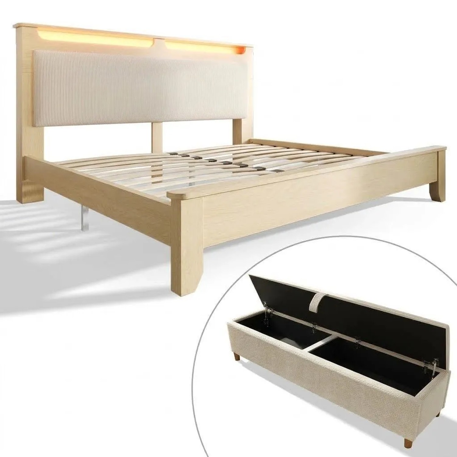 Merax Doppelbett 160x200cm LED Bettbank Cord Eiche
