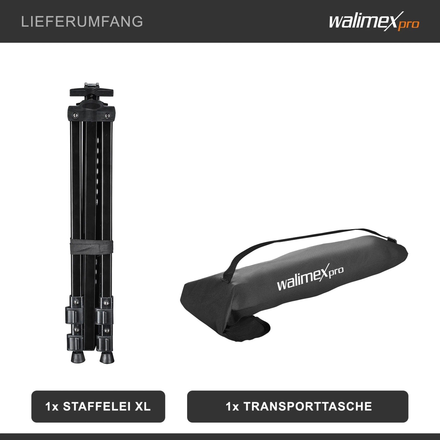 Walimex Pro XL Feldstaffelei aus Aluminium, zusammengeklappt, mit schwarzer Transporttasche.