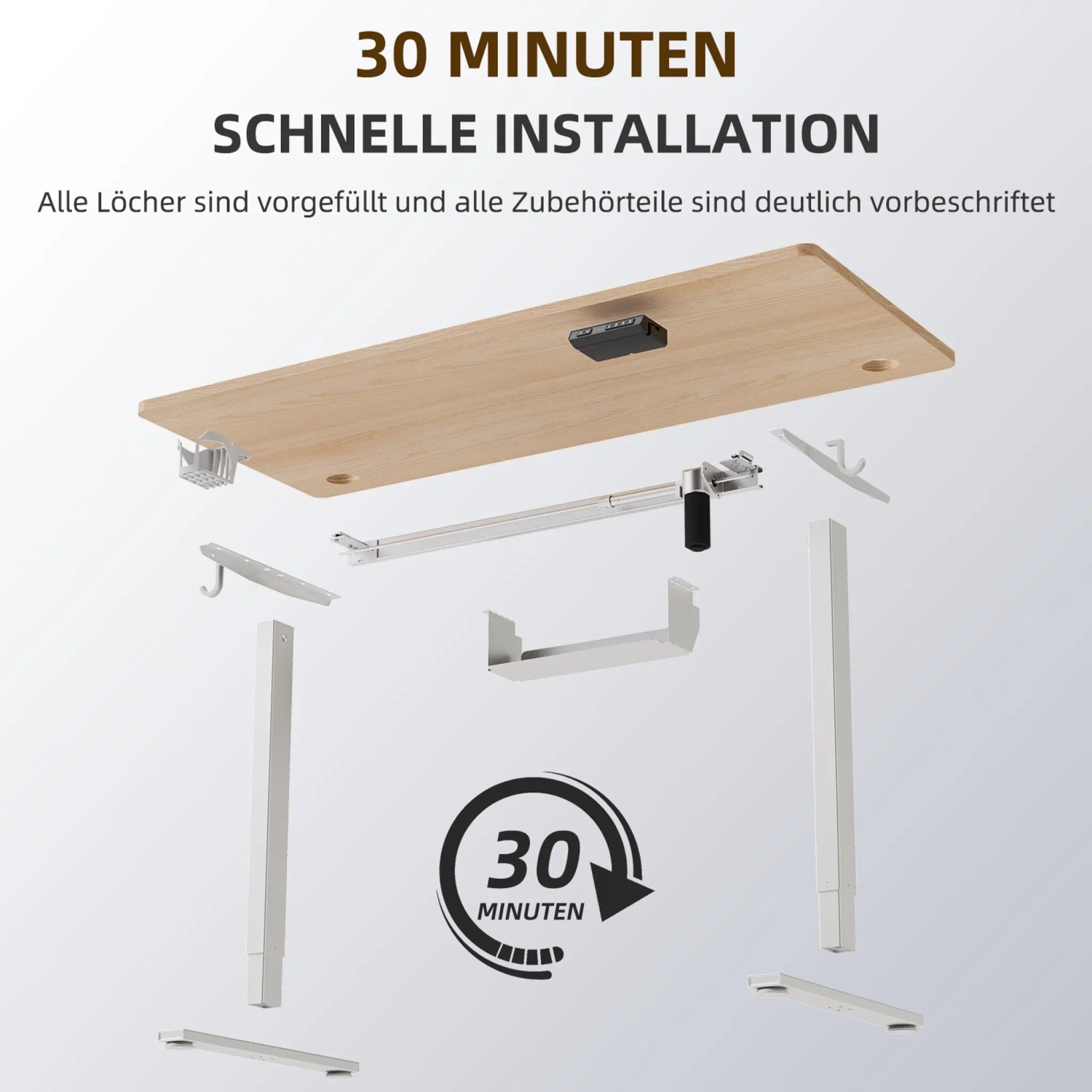 Explosionszeichnung: Höhenverstellbarer Schreibtisch 140x70cm mit Zubehör für einfache Installation.