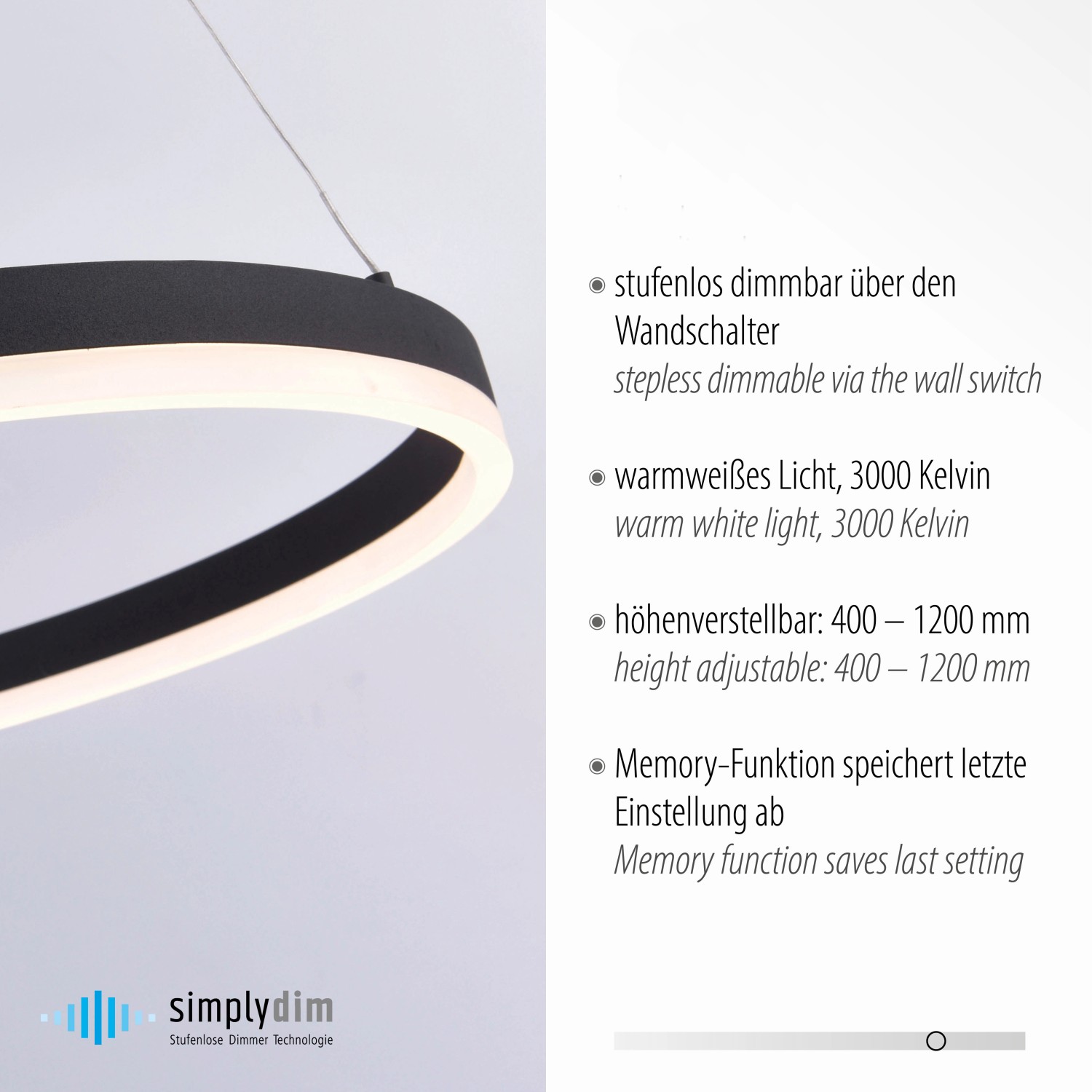 Moderne, anthrazitfarbene LED-Pendelleuchte Titus, Ø 80 cm, dimmbar.