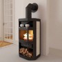 Victoria Kaminofen Taro mit Keramik, Holzfach und brennendem Feuer im Brennraum.