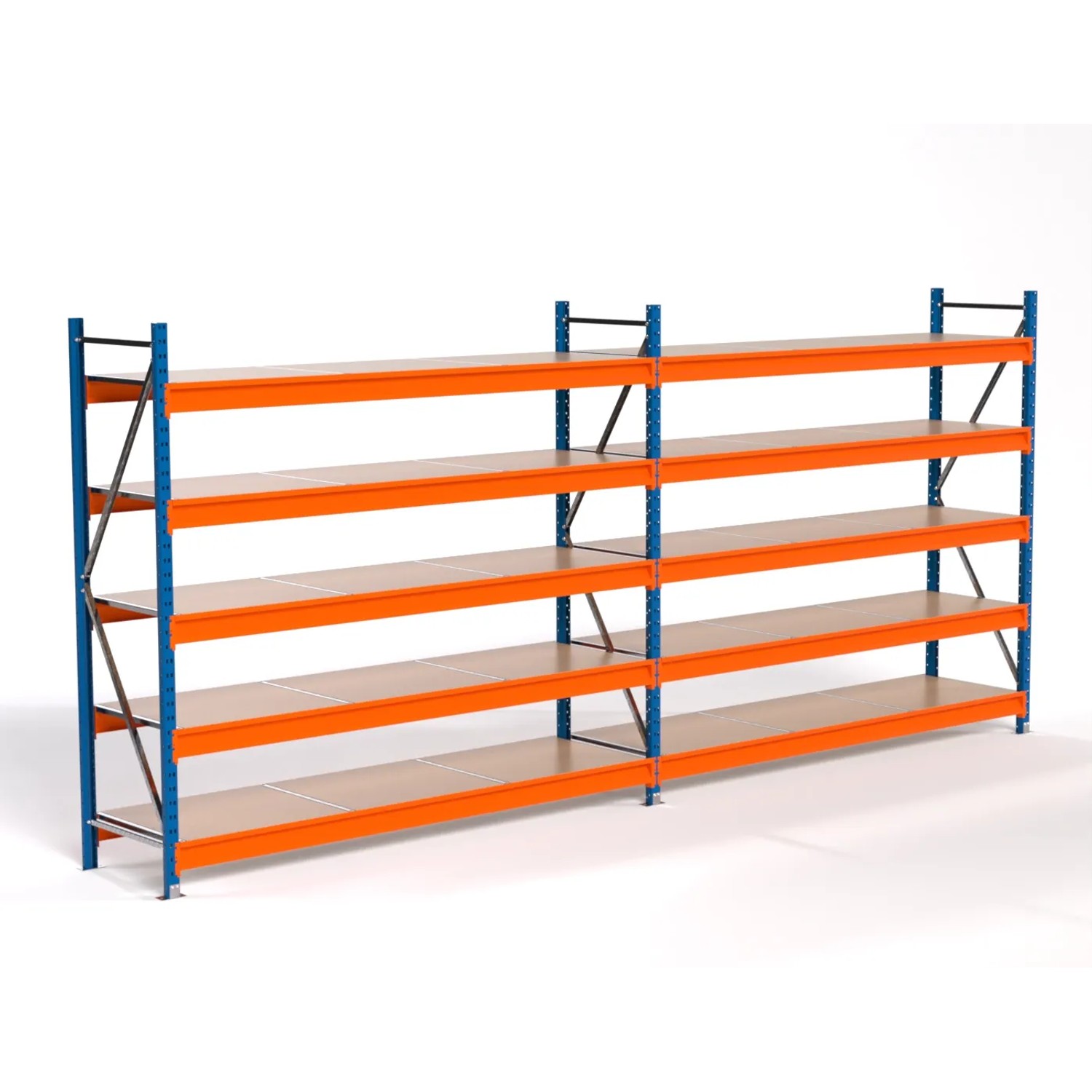 PROREGAL Industrie Weitspannregal Lagerregal MAXIMUS PRO Komplettregal 2 Felder HxBxT 200x450x60cm 5 Spanplatten-Fachboden Fachlast 610kg Blau/Orange