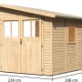 Karibu Holz-Gartenhaus Timsund, unbehandelt, mit Pultdach und Maßangaben.