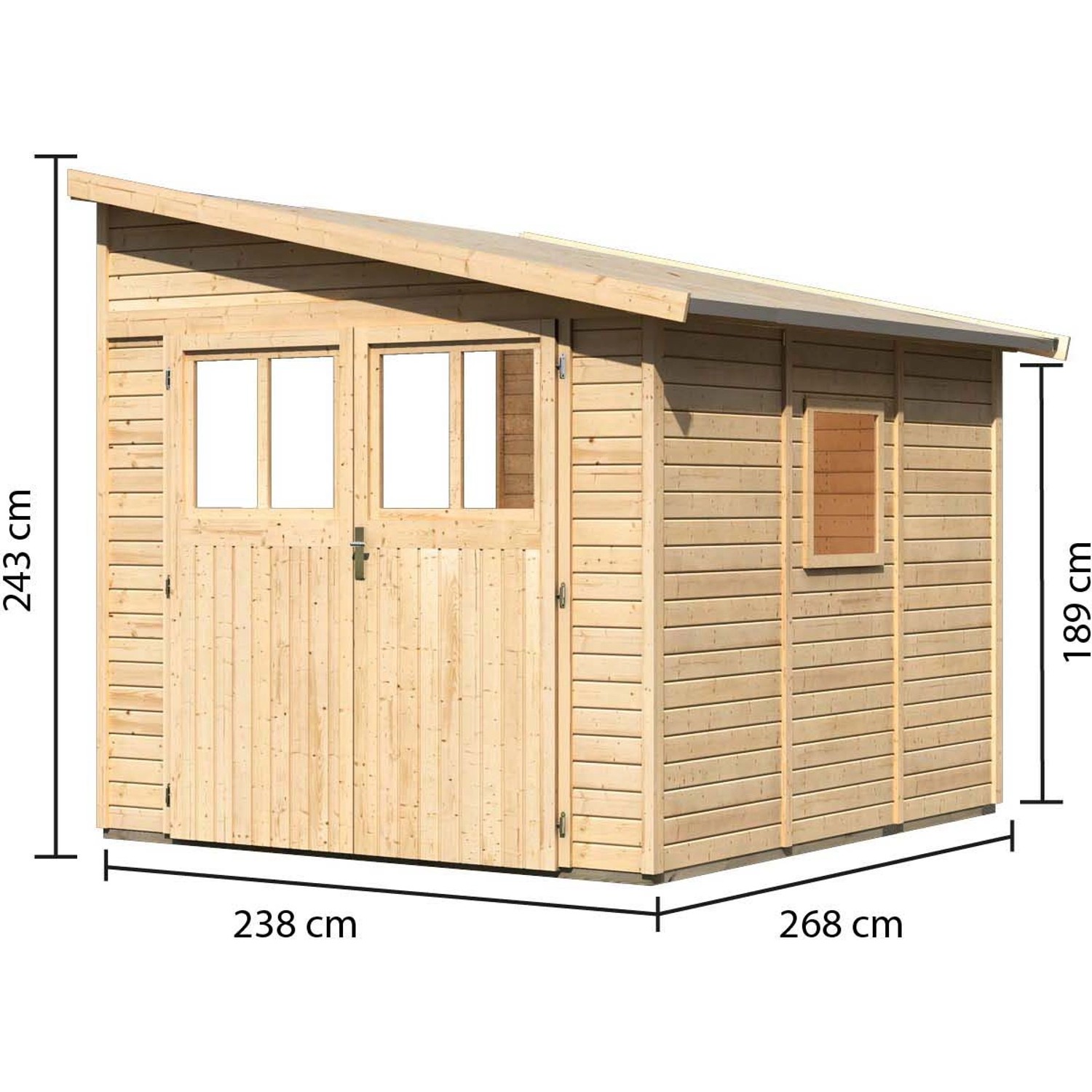 Karibu Holz-Gartenhaus Timsund, unbehandelt, mit Pultdach und Maßangaben.