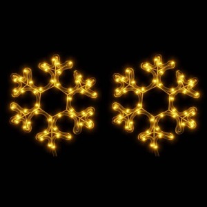 Zwei warmweiße LED-Schneeflocken (27x27 cm) als Weihnachtsdekoration, leuchtend auf schwarzem Hintergrund.