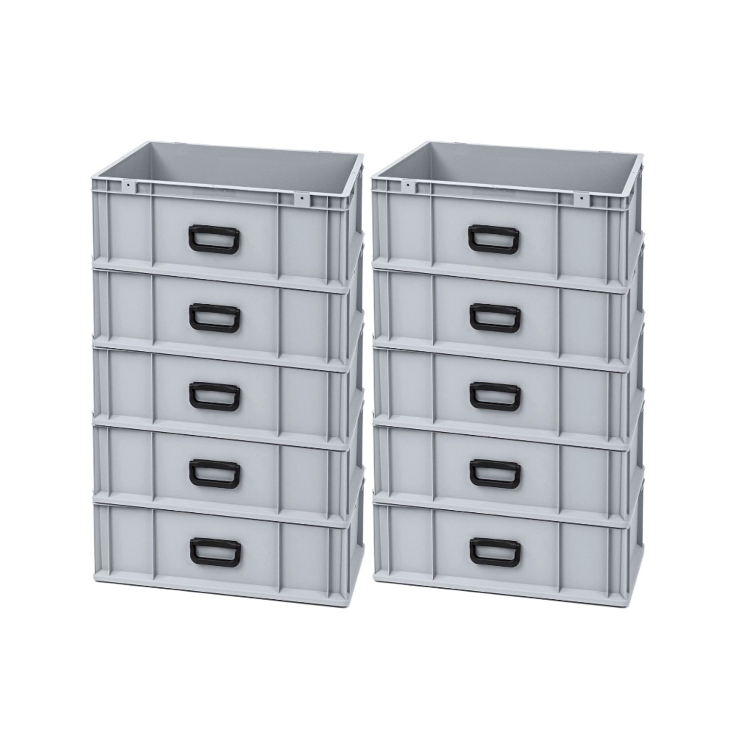 Zwei Stapel grauer PROREGAL Euroboxen Nextgen, je 5 Boxen hoch, für Transport und Lagerung.