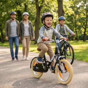 Fröhlicher Junge auf schwarzem PROMETHEUS Kinderfahrrad 14 Zoll mit Familie im Park.