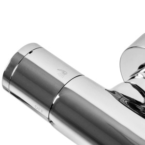 Detailaufnahme: Verchromtes Thermostat des PaulGurkes Duschsystems mit Regendusche.