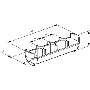 Technische Zeichnung: Camar Luxo Kabelhalter, 69 mm, aus schwarzem Kunststoff zur Kabelführung unter der Tischplatte. Maße 69x20x15 mm.