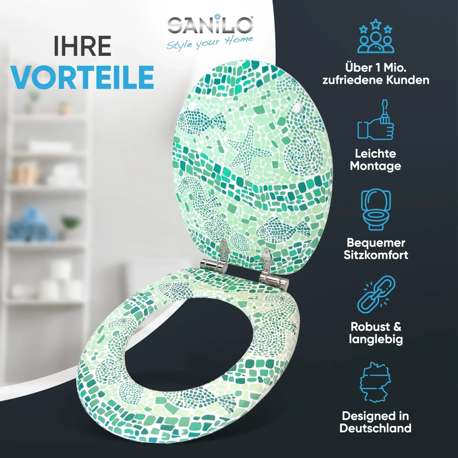 Sanilo WC-Sitz Mosaic World Green mit Absenkautomatik aus Holz.