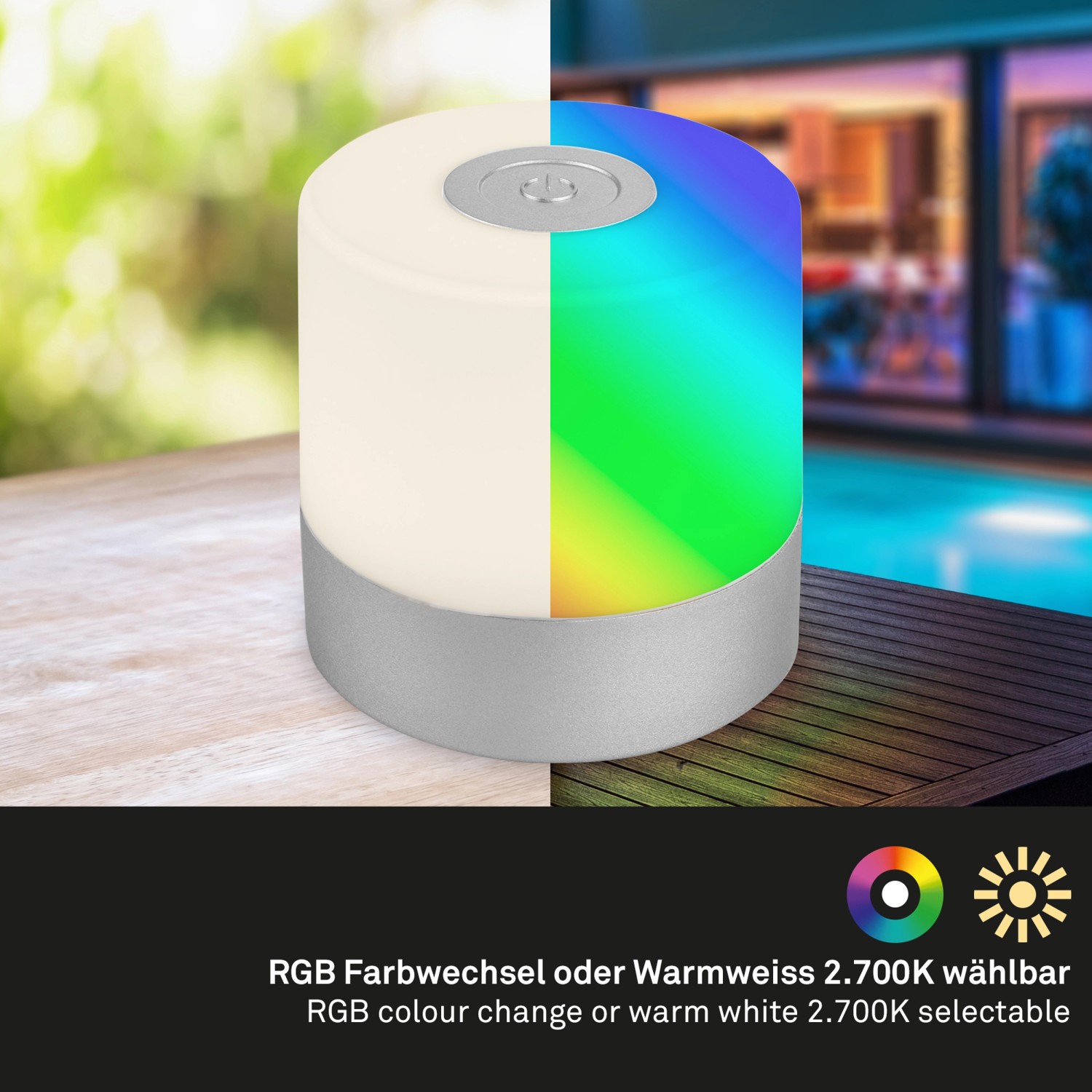 Brilo Akku-Tischleuchte Smal, chrom-matt, mit RGB-Farbwechsel und Warmweiß, ideal für Garten und Balkon.