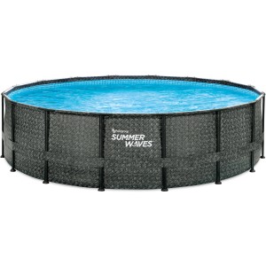 Summer Waves Rundpool, 488 cm, Rattangrau. Stahlrahmenpool mit Rattan-Optik und blauem Wasser.
