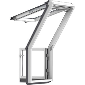Weißes Velux Dachbalkon-Türelement, DIN links, geöffnet. Fenster-Zubehör für den Dachausbau.