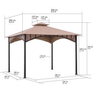 Sunjoy Pavillon Lauro, 340x340 cm, brauner Stoff, Maße und Details.