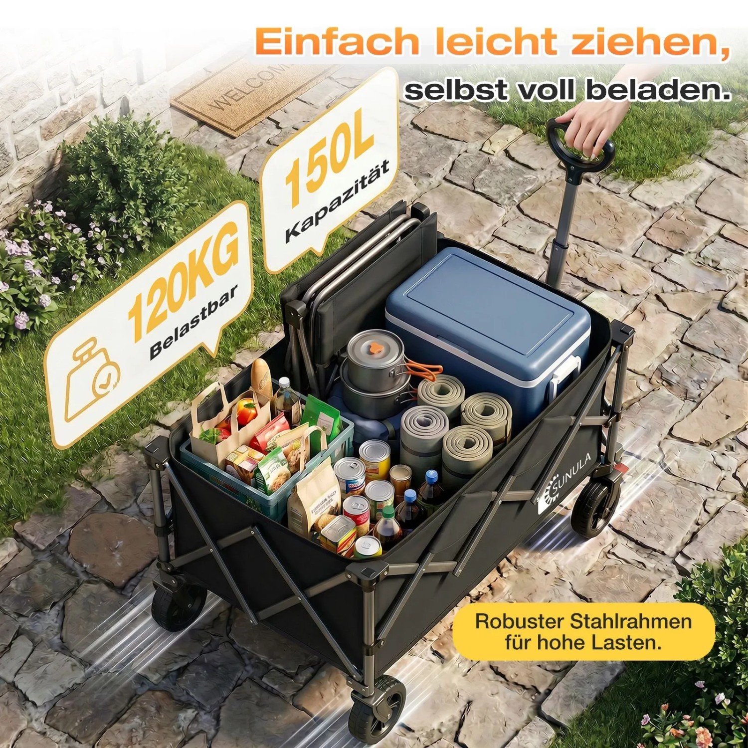 Schwarzer, faltbarer Sekey Bollerwagen mit Campingausrüstung und Lebensmitteln beladen.