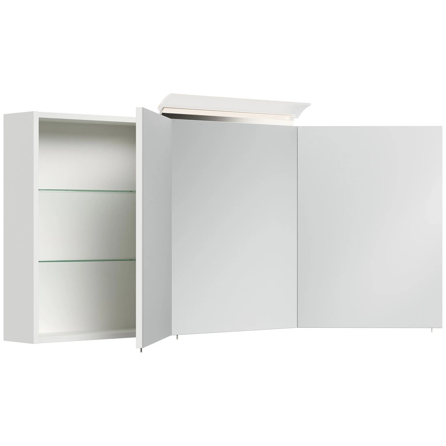 Posseik Spiegelschrank 140 cm, weiß hochglanz, mit LED-Lampe und Glasböden.