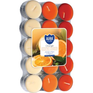 30 Duftkerzen Orange, Teelichter mit Orangenduft in drei Farbtönen im Kunststoff Tray.