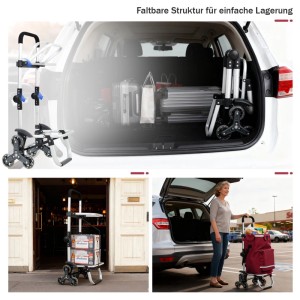 Sekey 3-in-1 Einkaufstrolley, rot, mit Kühlfach, Treppensteiger-Räder und Spanngurt. Zusammengeklappt im Kofferraum.