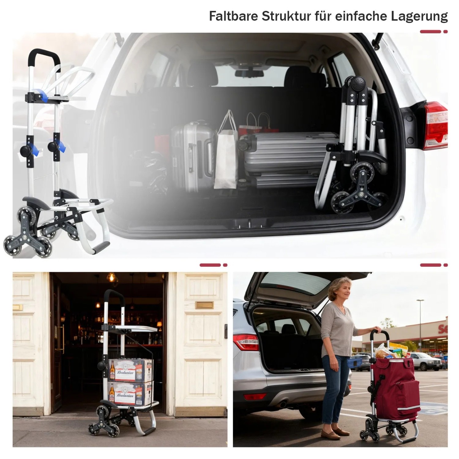 Sekey 3-in-1 Einkaufstrolley, rot, mit Kühlfach, Treppensteiger-Räder und Spanngurt. Zusammengeklappt im Kofferraum.