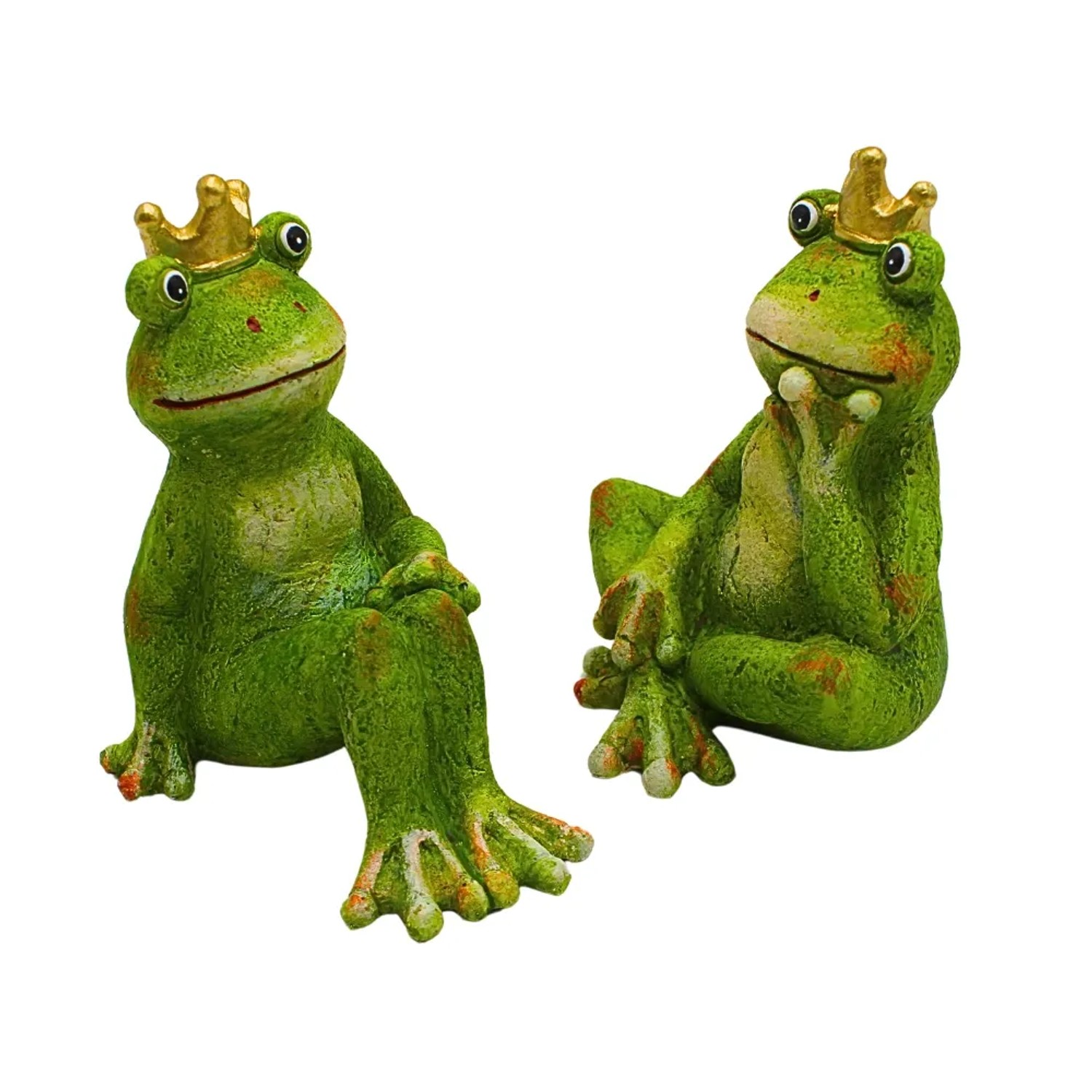 2er Set Deko Froschkönige für Garten & Teich, grüne Froschfiguren mit goldener Krone.