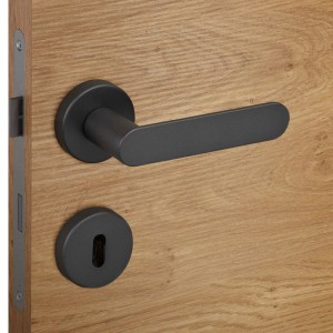 SOTECH Türdrücker SAM Anthrazit Rosettengarnitur Buntbart BB auf heller Holztür. Moderner Aluminium Türgriff.