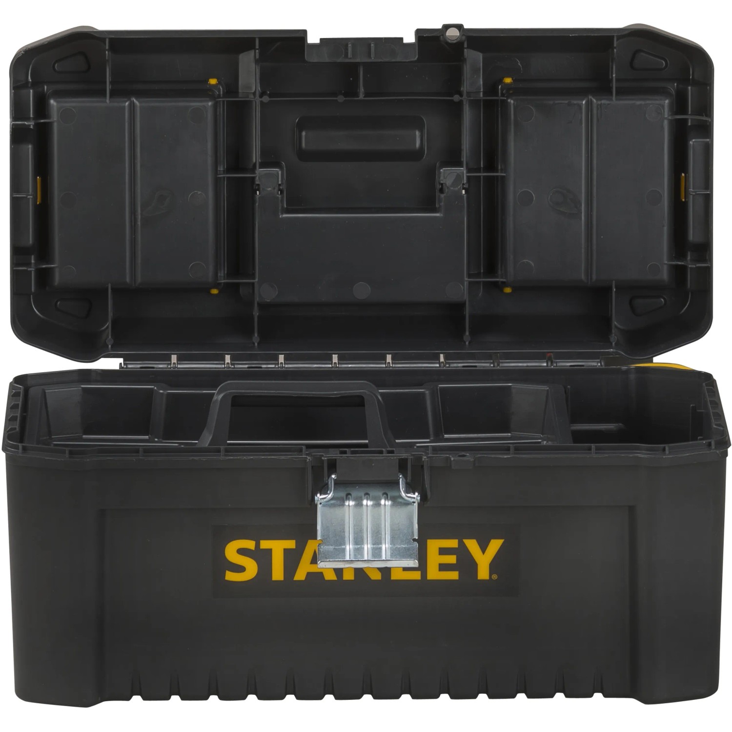 Geöffnete, schwarze Stanley Werkzeugbox aus Kunststoff, 16 Zoll, mit Metallschließen und Trageeinsatz.