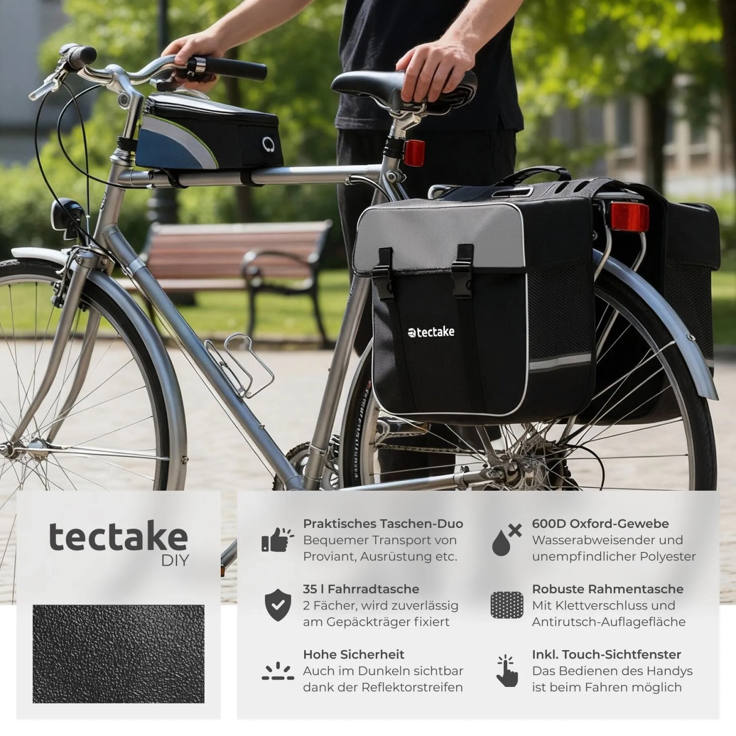 Tectake Fahrradtaschen Set: Gepäckträgertasche und Rahmentasche am Fahrrad.