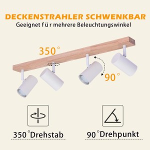 NETTLIFE Deckenstrahler L50 Weiß: 4 schwenkbare Spots auf Holzsockel. 350° drehbar, 90° neigbar für flexible Beleuchtung.