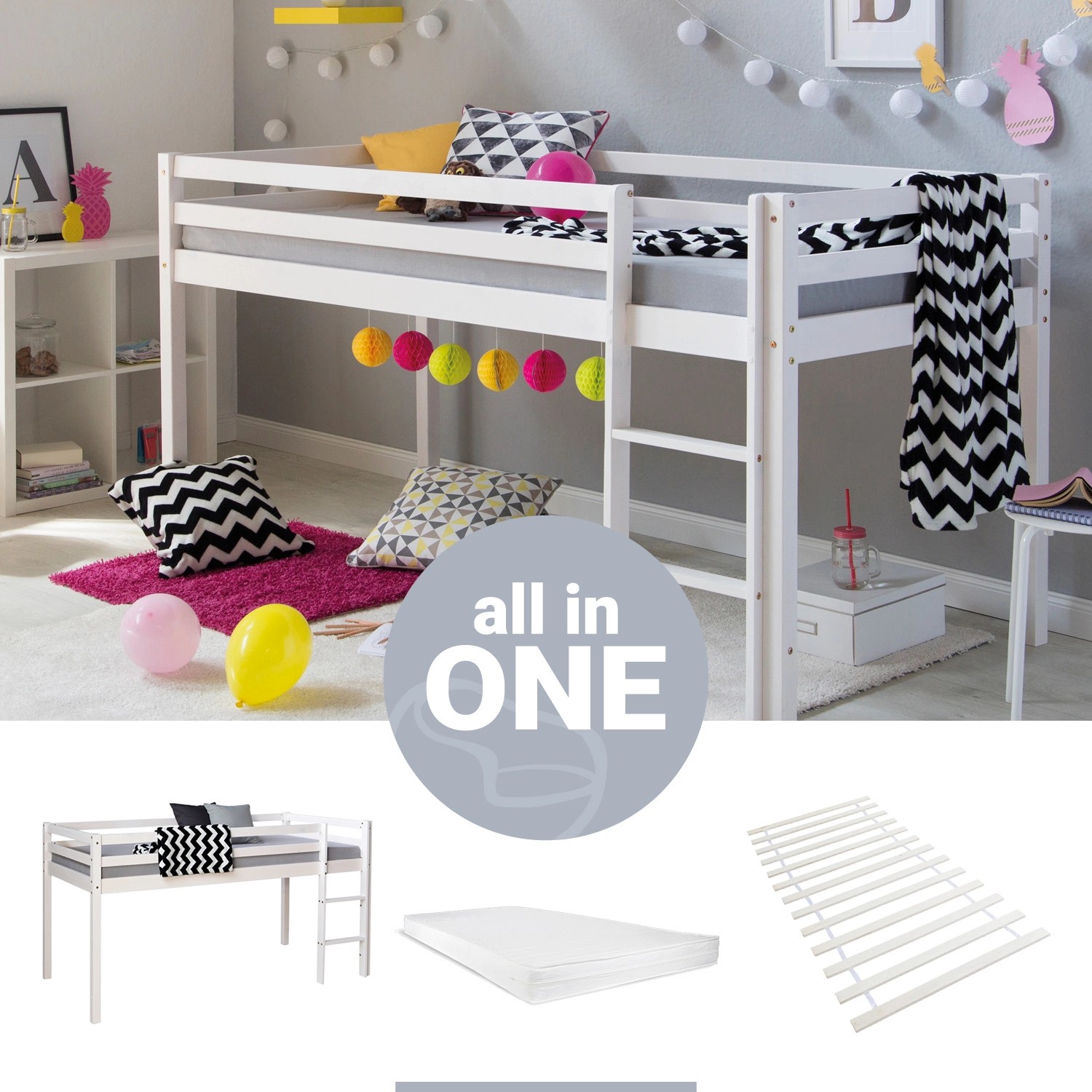 Homestyle4u Kinderbett 90x200 mit Latterost und Matratze in Weiß 2253 günstig online kaufen