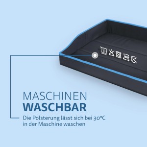 Detailaufnahme: Blaues, faltbares Bestlivings Haustierbett, maschinenwaschbar.