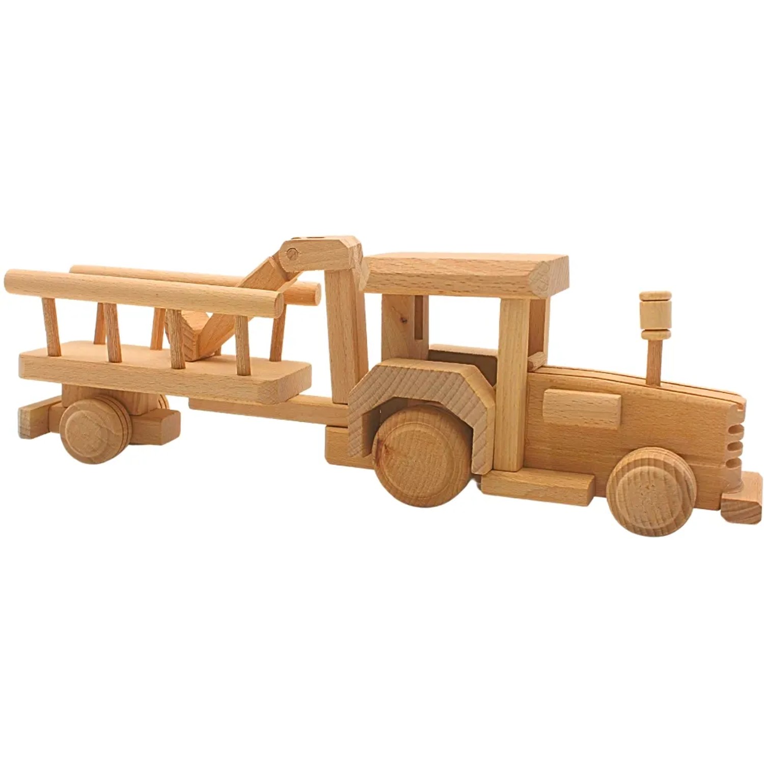 Dekohelden24 Naturbelassener Holztraktor Dekotraktor Landwirtschaftstraktor mit Hänger und Greifarm Trecker zum Bemalen L/B/H 34 x 5 x 10 cm