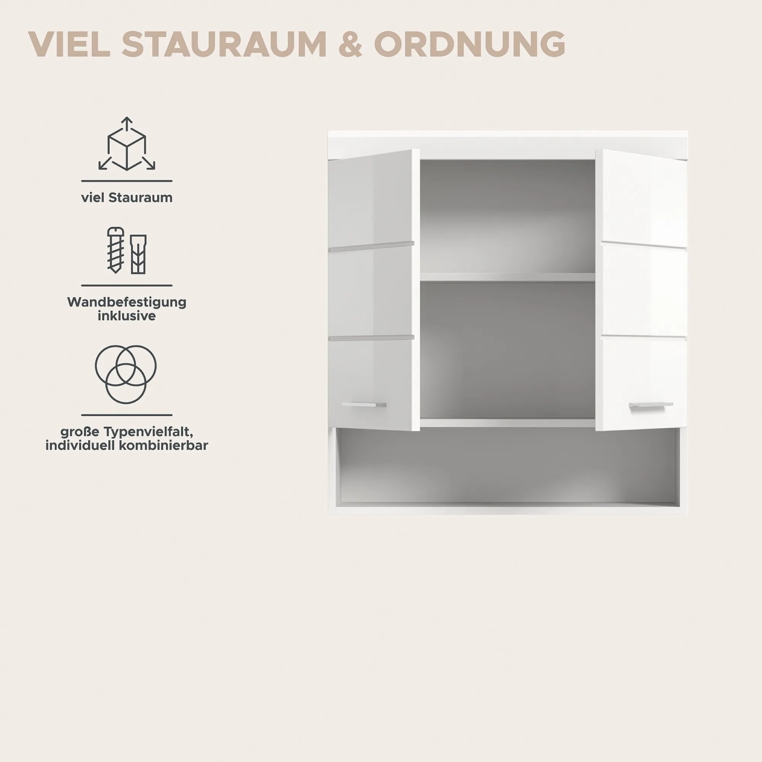 Weißer Hängeschrank (74x79x24cm) mit Hochglanz-Front für Bad oder Hauswirtschaftsraum.