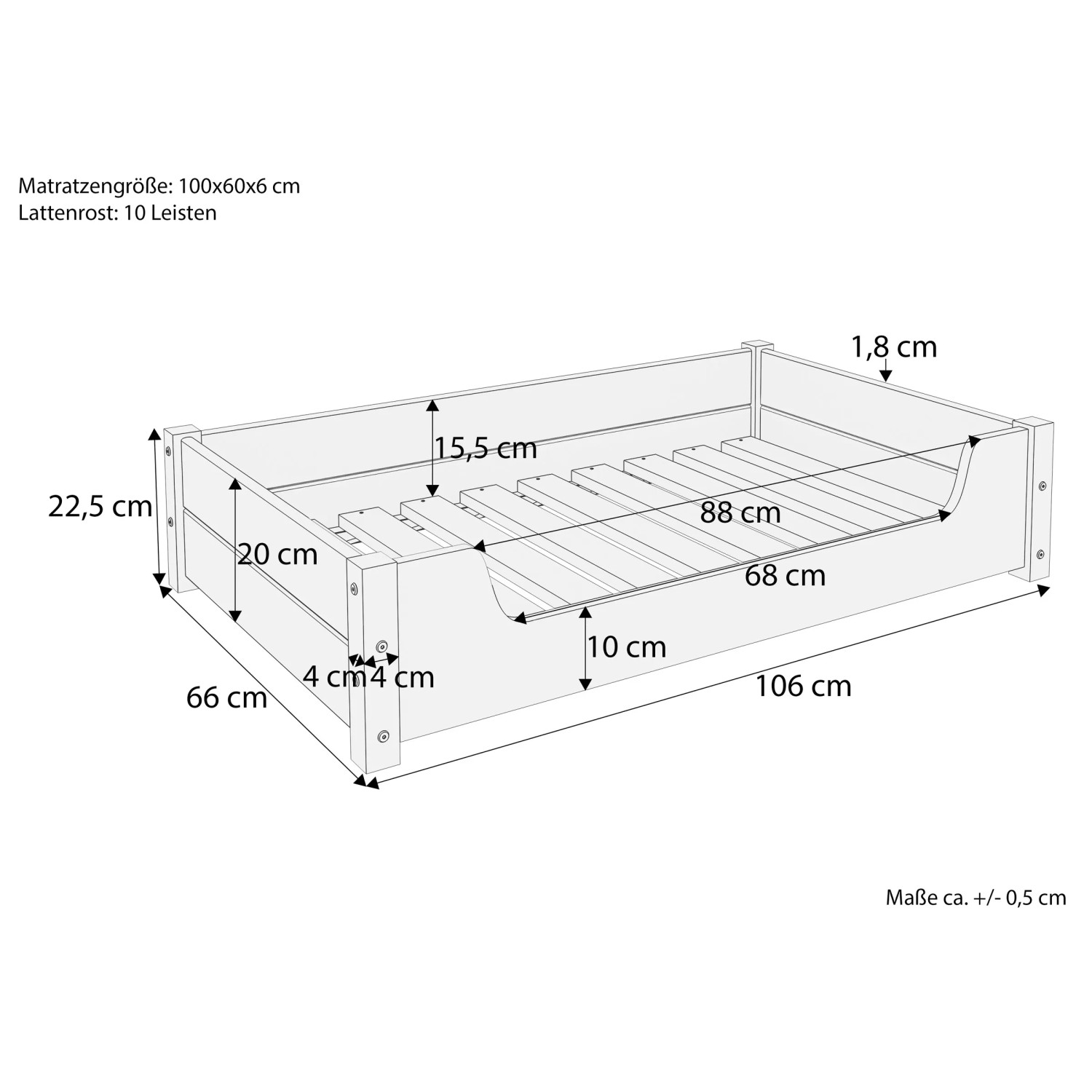 Skizze: Weißes Hundebett 100x60cm aus Kiefernholz mit Rollrost und Maßangaben.