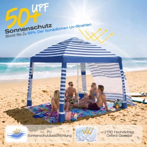 Sekey Strandmuschel 240x240 cm Höhenverstellbar mit Seitenvorhang UV Schutz 50+