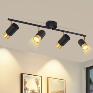 ZMH LED Deckenstrahler 4-flammig in Schwarzgold, drehbar, Vintage Design, an Decke montiert, beleuchtet Wand.