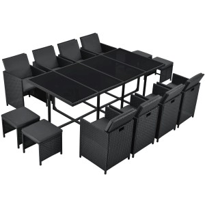 Schwarze 13-teilige Polyrattan Essgruppe Baracoa XXL für 12 Personen mit Tisch und Stühlen.