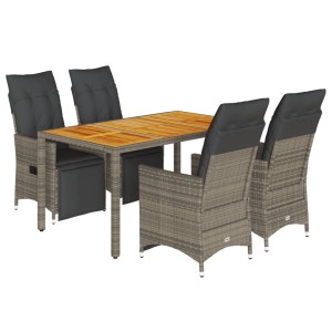 Graues 5-tlg. Garten-Bistro-Set aus Polyrattan mit Tisch und Stühlen mit Kissen.