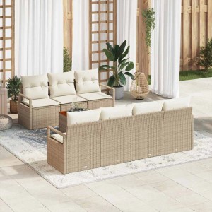 Beige-weißes 8-tlg. vidaXL Garten-Sofa-Set aus Rattan mit Tisch und Auflagen für Terrasse und Garten.