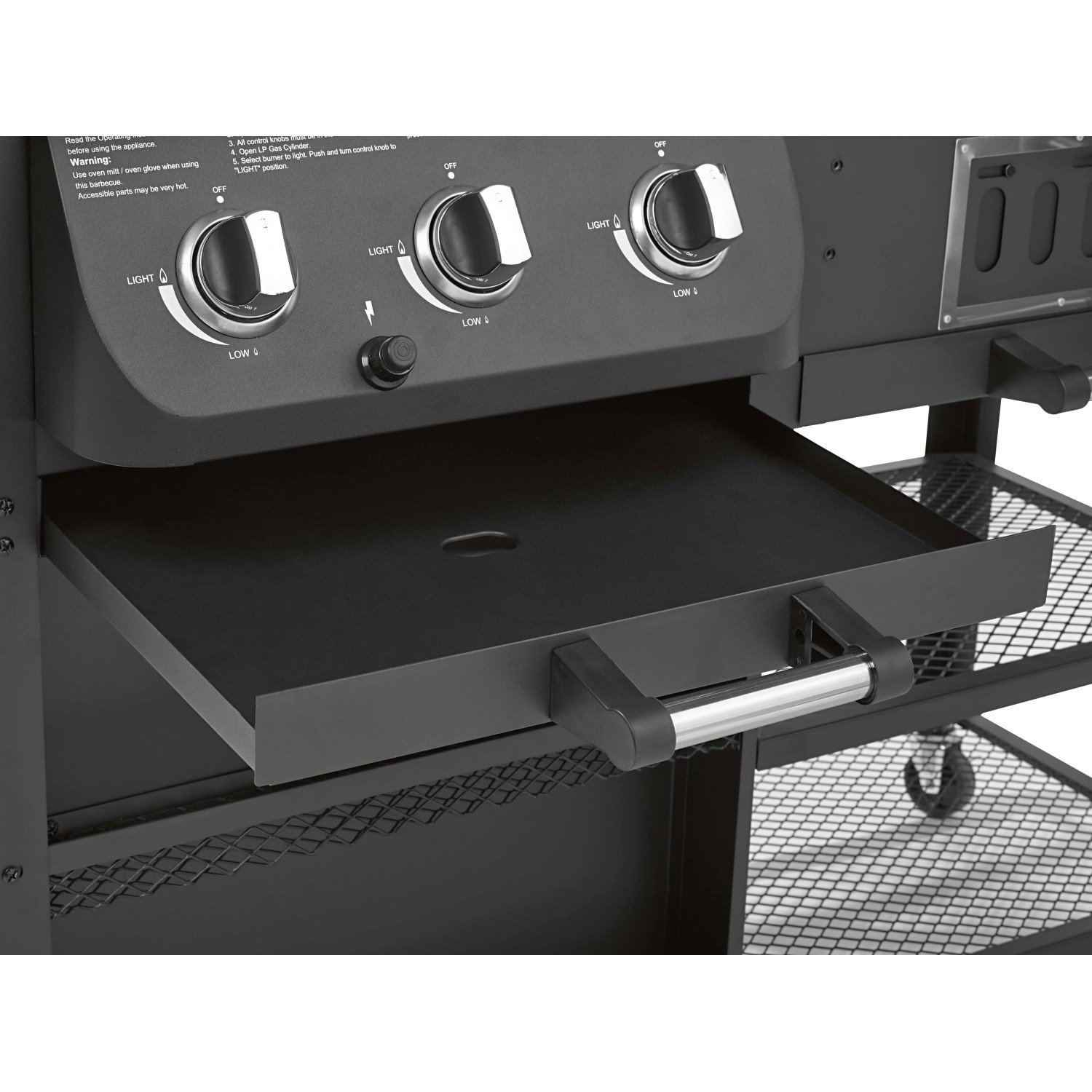 Detailaufnahme des Jamestown Kombigrill Drake mit Ablagefläche und Bedienelementen.