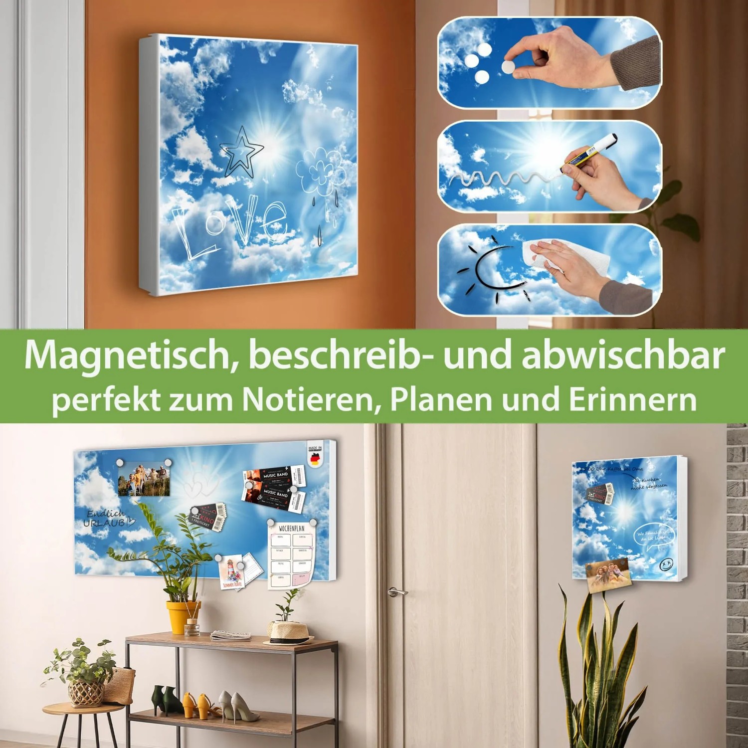 Banjado Großer Schlüsselkasten Metall 30x30cm Weiß Scharnier Links 50 Haken Beschreibbar Magnetisch Motiv Clouds