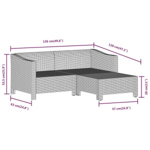 Graues 3-tlg. vidaXL Garten-Lounge-Set aus Polyrattan mit Kissen, Maße eingezeichnet.