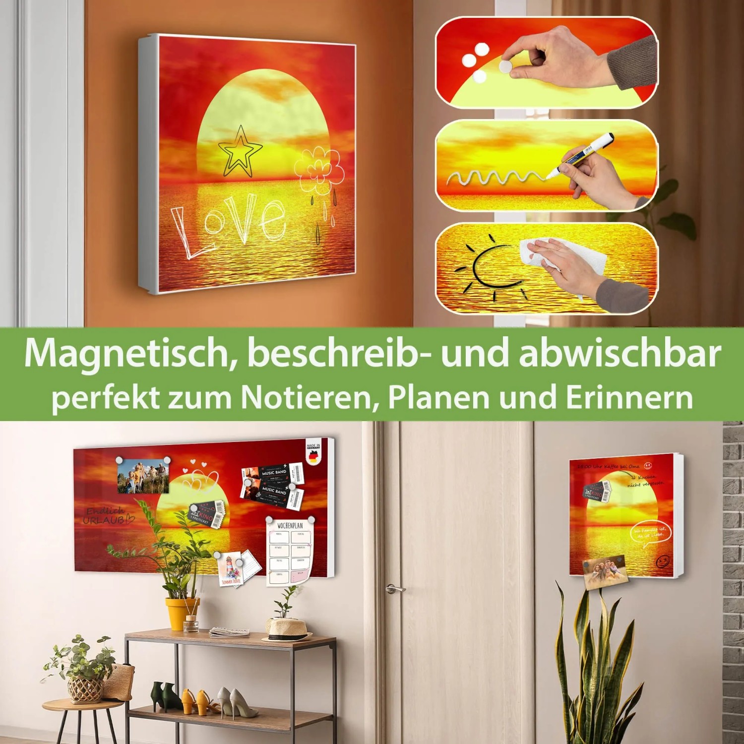 Banjado Großer Schlüsselkasten Metall 30x30cm Weiß Scharnier Links 50 Haken Beschreibbar Magnetisch Motiv Sonnenuntergang